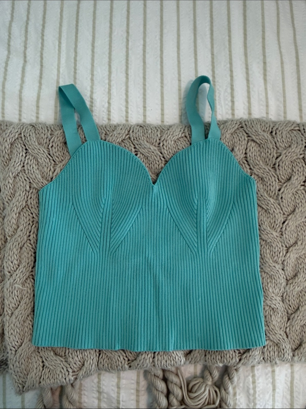 Turquoise Ribbed Sweetheart Crop Top - Women